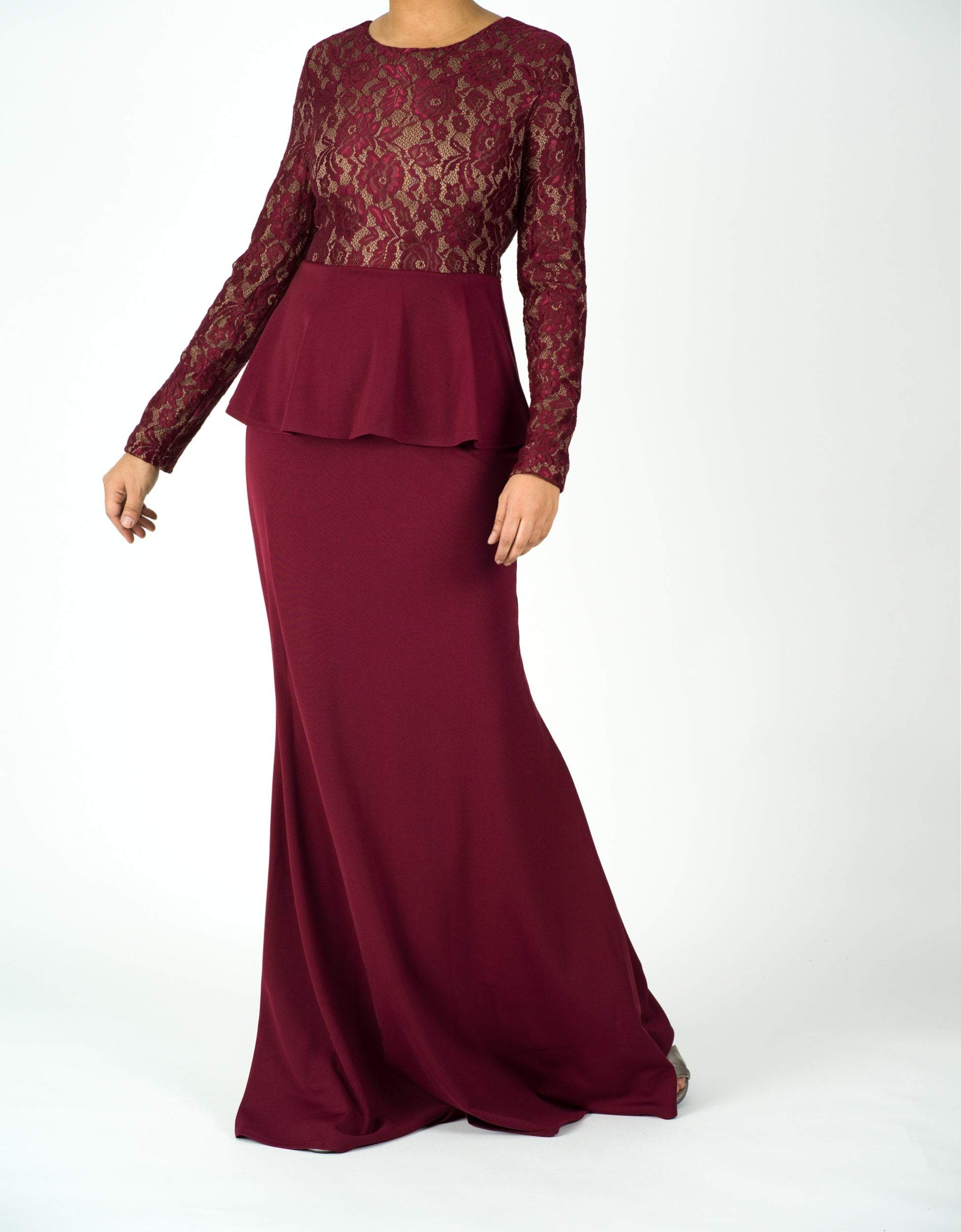 Maroon lace-top peplum dress – Kabayare